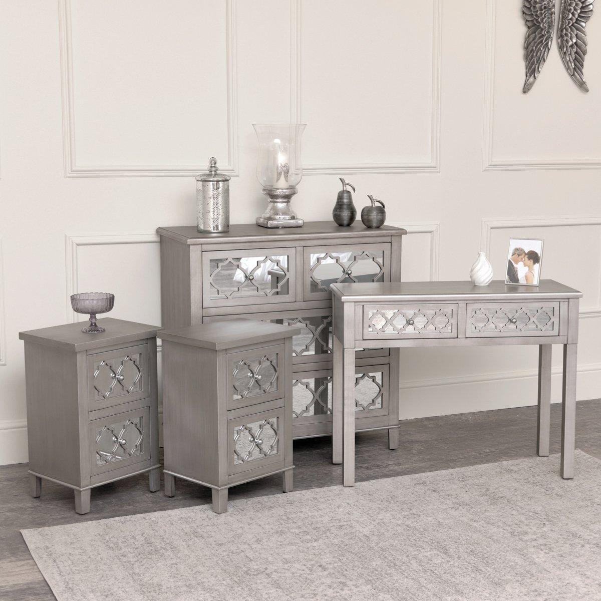 Large Silver Mirrored Chest Of Drawers, Console / Dressing Table & Pair Of Bedside Tables - Sabrina 
